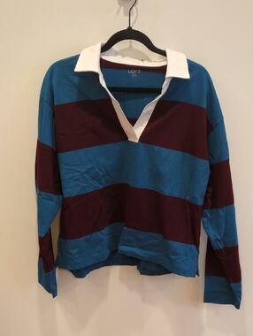 LOFT Striped Rugby Top Teal Burgundy White Collar Large Boxy Preppy Classic NWT